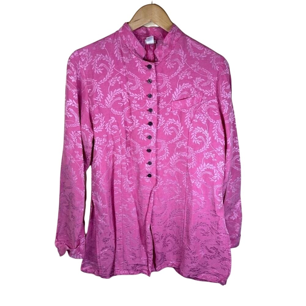 Vintage KIKO Womens Mandarin Linen Silk Button Down Pink Shirt Size Medium